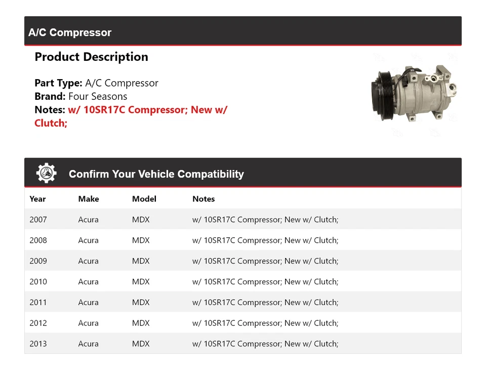 Compresor de aire acondicionado Acura MDX 2007-2013 4 estaciones 2008 2009 2010 2011 2012 Foto 2 de 4