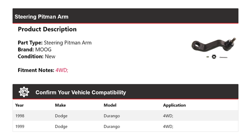 For 1998-1999 Dodge Durango 4WD Steering Pitman Arm MOOG - Picture 2 of 4