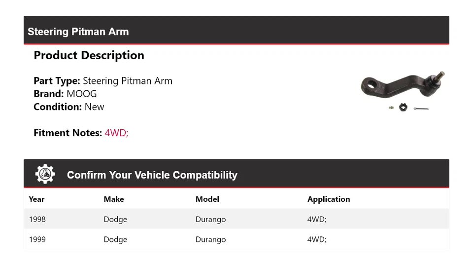 适用于 1998 - 1999 年道奇 Durango 4WD 转向 Pitman Arm MOOG — 第 2/4 张图片