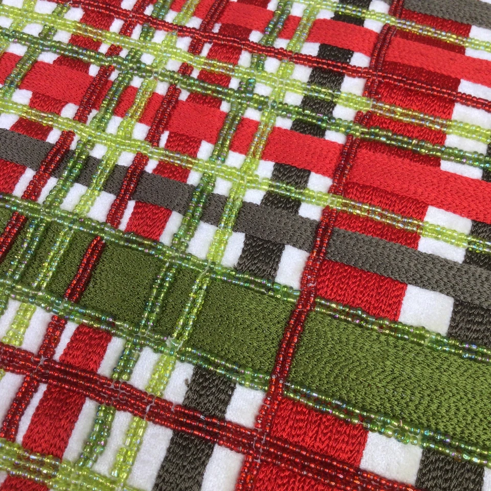 MacKenzie Childs Holiday Tartan Beaded Throw Pillow Case Plaid 14x14.25" - Image 4 of 4