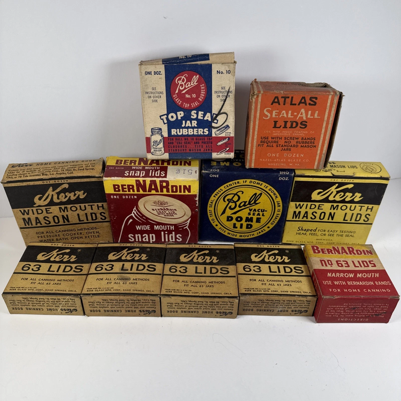 Lot Of 11 Vintage BALL / KERR / ATLAS / BERNARDIN Canning Jar Lids &Rubber Seals