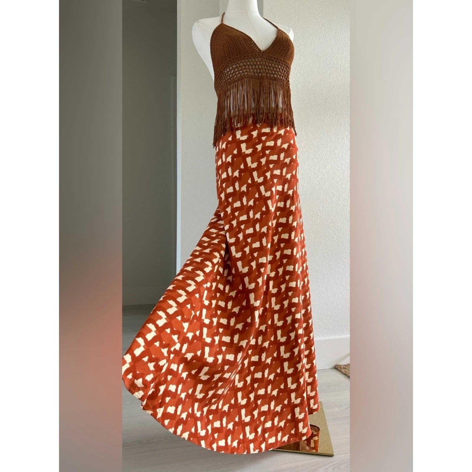 Zara Terracotta Rust Linen Tribal Print Maxi Skirt Womens XS