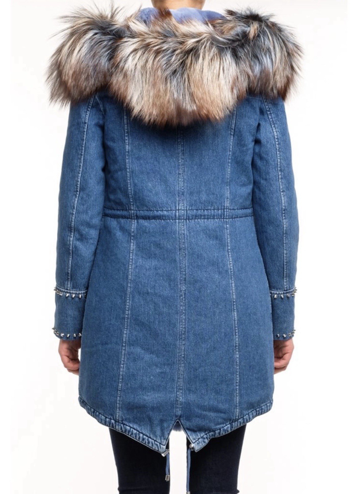 Philipp Plein Blue Denim Parka Coat Faux Fur Hood Studded Women's Size S image 2