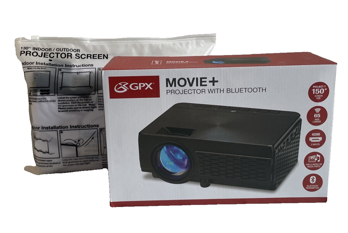 GPX Bluetooth Projector with 130" Indoor/Outdoor Projector Screen