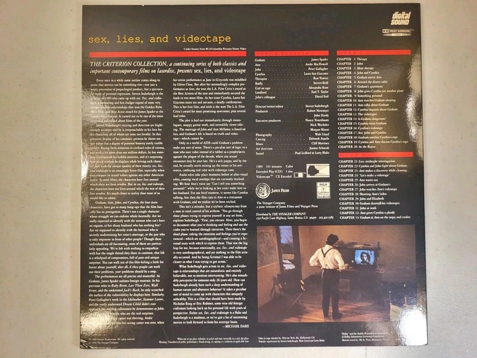 Sex, Lies and Videotape (criterion collection Laserdisc) Like New / James Spader - Image 3 of 4