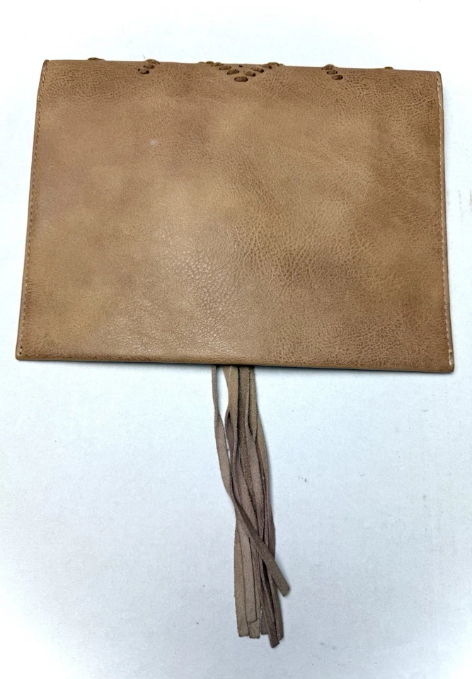Anthropologie Tassel Envelope Clutch Bag Brown Leather Boho Perforated Stitched - Image 4 of 4