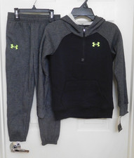 NWT 2pc Under Armour 1/4 Zip Black Gray Hooded Sweatshirt Joggers sz 6