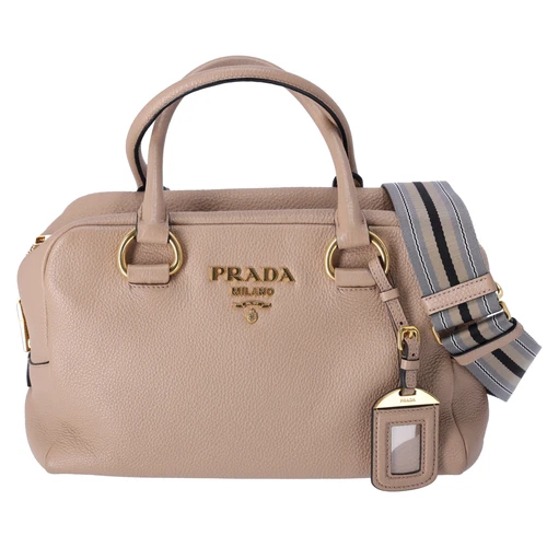 Borsa a mano Prada Vitello Phenix Bauletto 1BB086 pelle tortora ciottoli