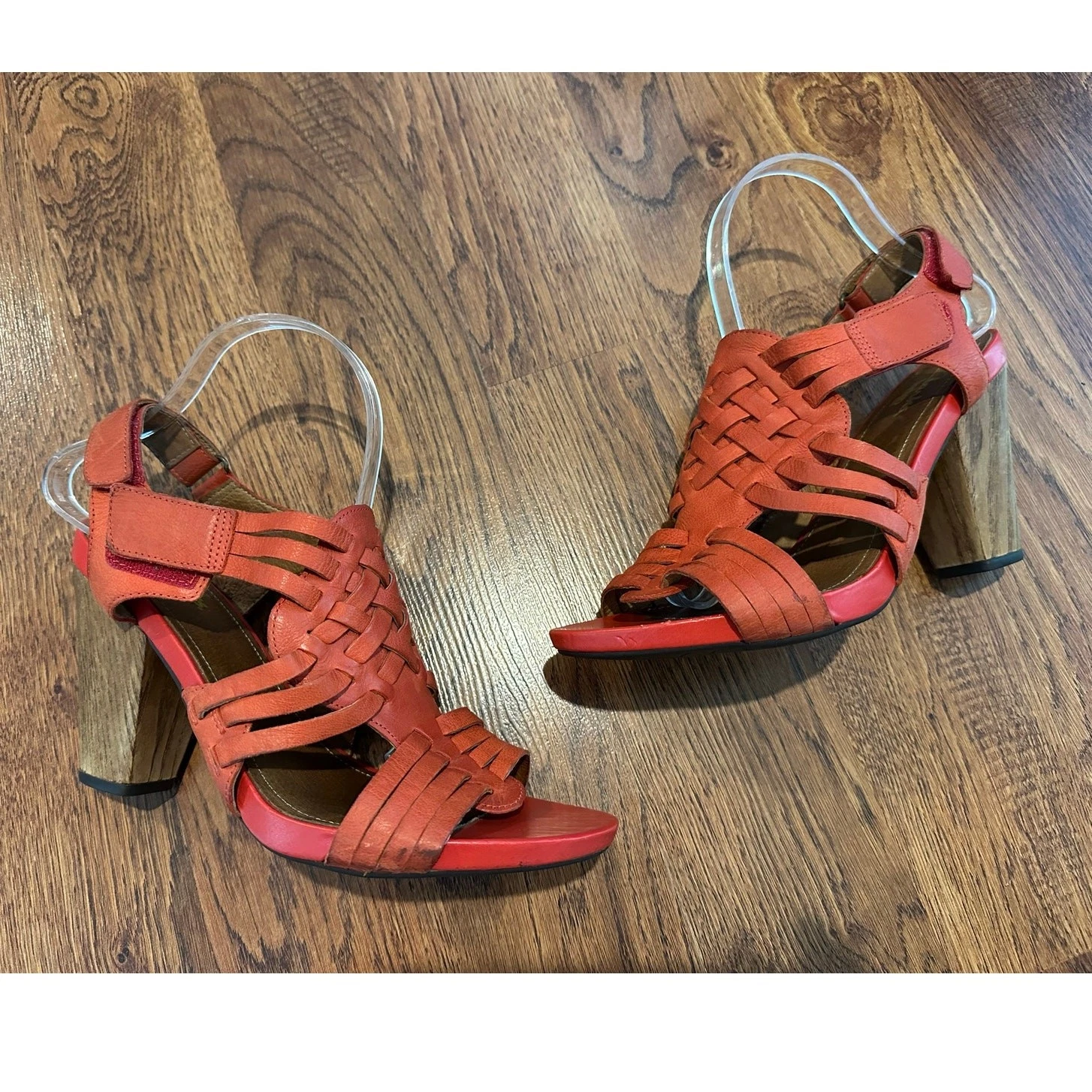 Sandali donna Clarks Boho rosso arancione tessuto pelle tacco a blocco cinturino taglia 10