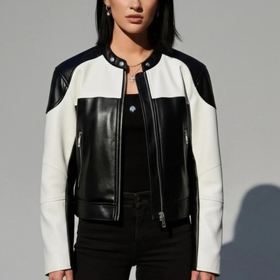 Two-Tone Black & White Racer Leather Jacket Women's Moto Riding Cafe Racer Coat