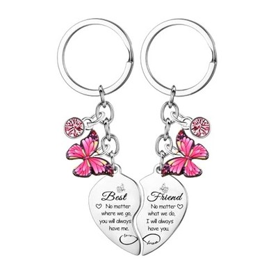 2PCS Friend Keychain for Women Friendship Gifts Butterfly Charm Heart Matching 