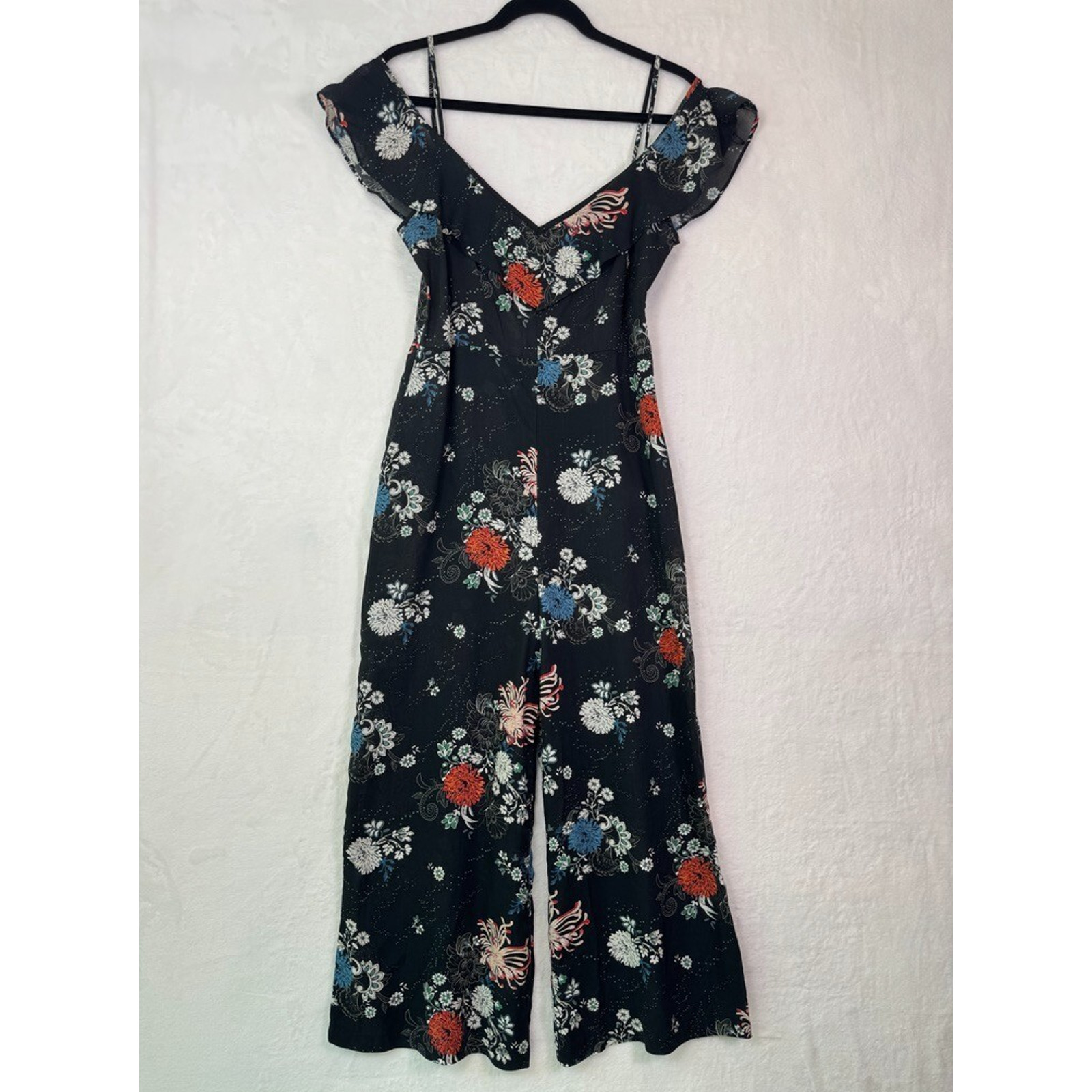 Zara Floral Wide-Leg Jumpsuit Black Ruffle Off Shoulder Size S Festival Vibes