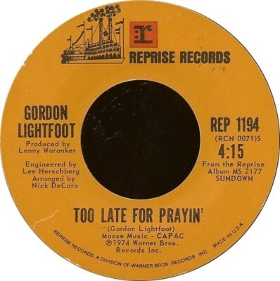 Gordon Lightfoot Sundown Vinyl Single 7inch Reprise Records