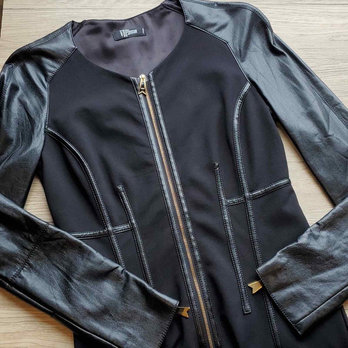 VDP Collection Black Faux Leather Zip Up Long Sleeve Bodycon Dress Italian 44/ 8