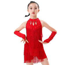 Children Dance Dress One Piece Latin Dresses with Sleeves Necklace Beads Fringe
