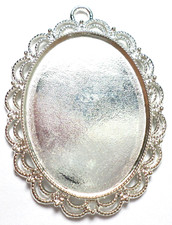 4 of 40x30mm Shiny Silver Victorian with Lacey Oval Edge Ribbon Pendant Settings