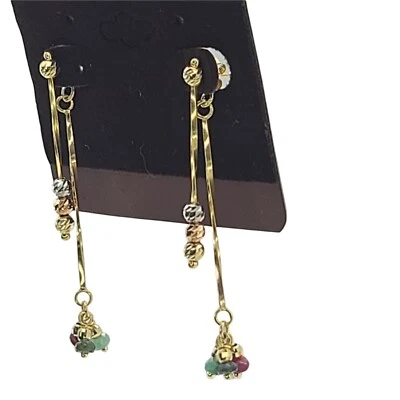 New 14K Yellow Gold Emerald Ruby Sapphire Beads Front Back Dangle Stud Earrings - Image 1 of 4
