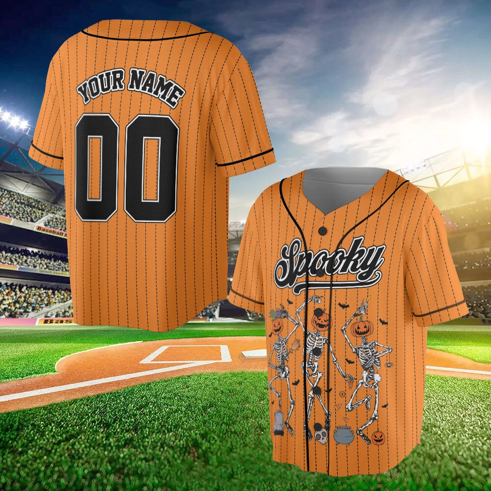 Personalized Dancing Skeleton Baseball Jersey, Spooky Season Jersey Pumpkin Men