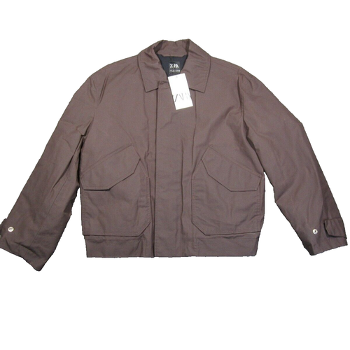 ZARA Jacket Mens S Brown Waxed Effect Pockets Lined Bomber Chore Coat NEW $149