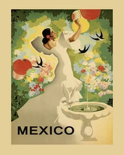 Mexico Fashion Lady Flowers Birds Fountain Travel Vintage Poster Repo FREE S/H
