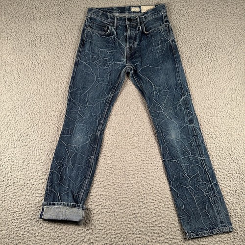 All Saints Selvedge Denim Japanese Jeans Men 29 Blue Lightening Crinkle Effect - Picture 2 of 16