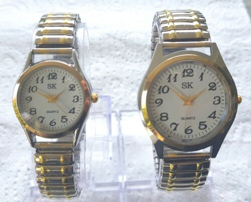 Set of 2 New stretch band watches ladies+mens easy to read +free extra batteries - Picture 1 of 3