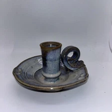 Pottery Blue Glazed Chamberstick  Rustic Taper Candle Candlestick Holder Signed