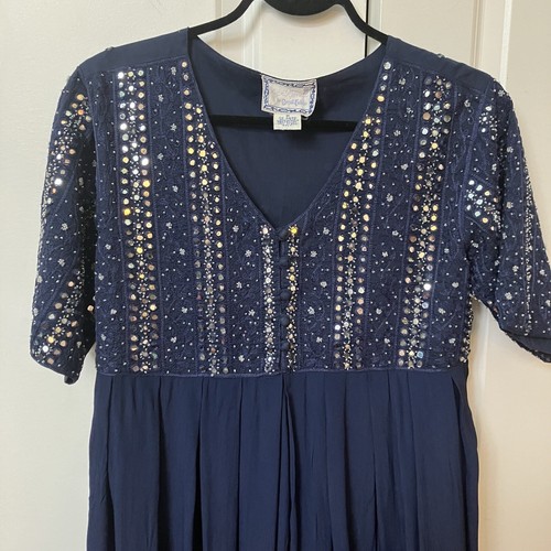Vintage April Cornell Navy Blue Mirror Beaded Cotton Rayon Maxi Dress - Picture 3 of 6