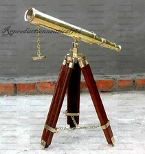18 Inch Nautical Brass Polish Hidden Telescope W/Brown Wooden Tripod Stand Gift
