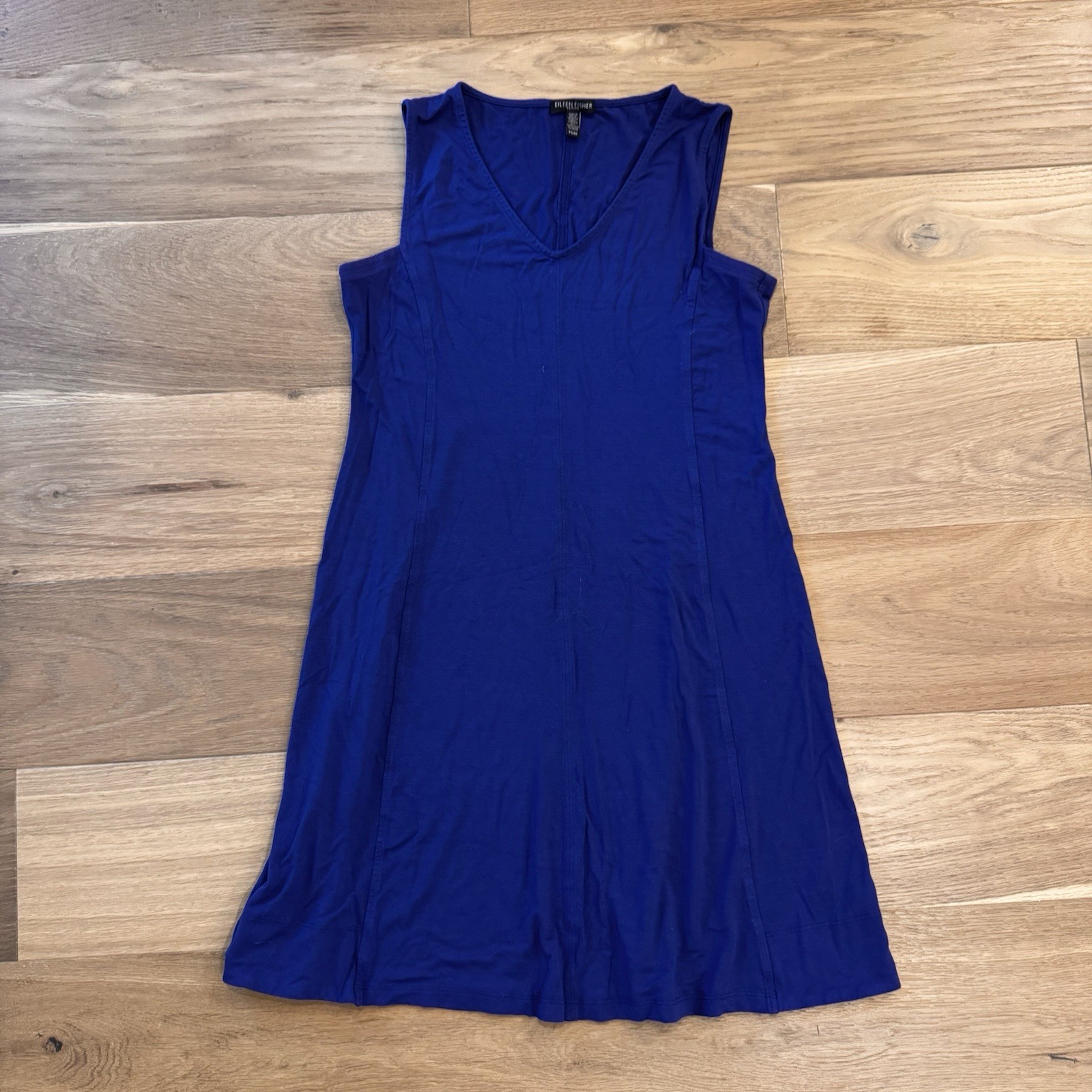 Eileen Fisher Petite Sleeveless A-Line Dress PS Viscose Blue V-Neck Made In USA