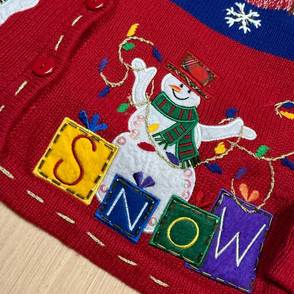 Cárdigan Suéter Navidad Ciervo Blanco Vintage Grande Muñeco de Nieve Copo de Nieve Años 90 Caramelo Foto 2 de 4