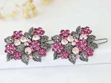 2pc Floral Pink Austrian Rhinestone Crystal Hair Barrette Clips Bobby Pins B222