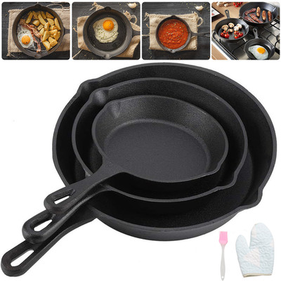 3ER SET GUSSEISEN-PFANNE PFANNENSET BRATPFANNE AUSGUSS GRILL 16/21/26CM DE