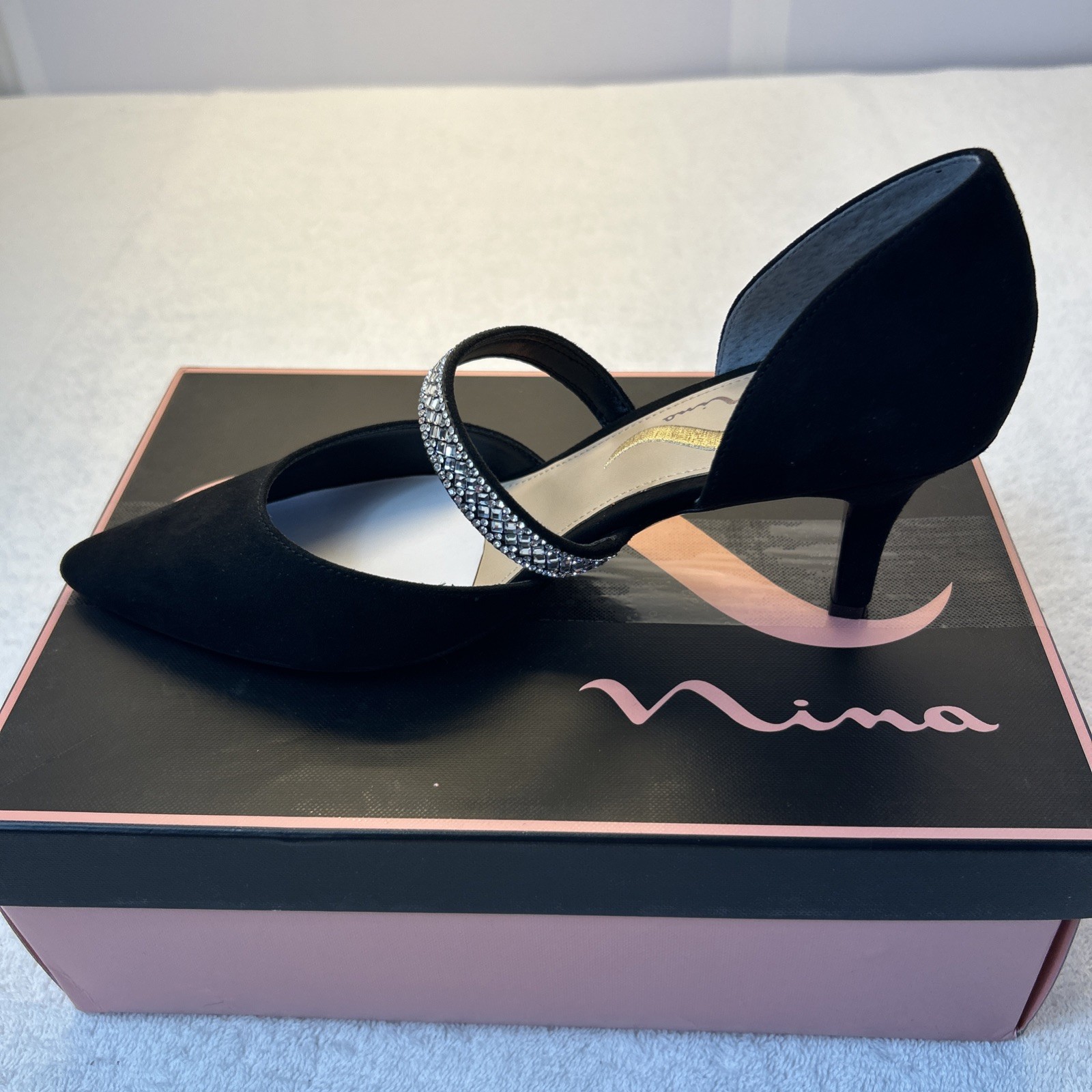 Nina Evening Shoes Black Suede Rhinestone Strap 3