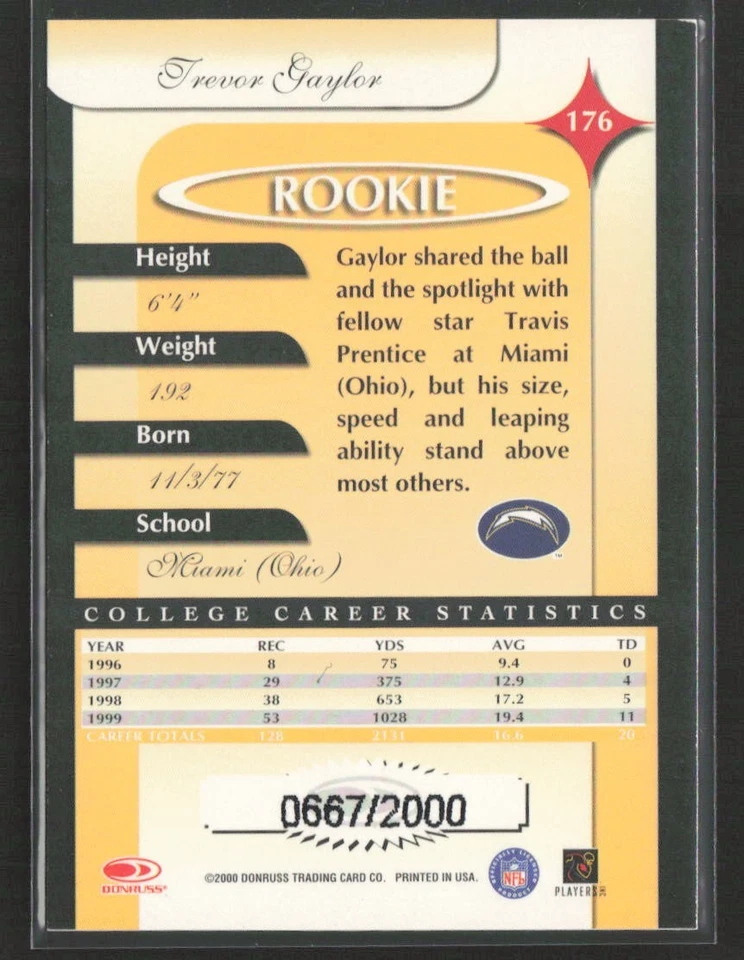 Trevor Gaylor 2000 Donruss Elite #176 /2000 San Diego Chargers - Image 2 of 2