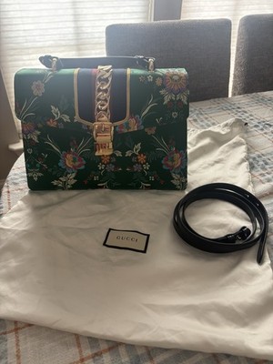 Gucci Sylvie Top Handle Bag Embroidered Green Floral Jacquard 
