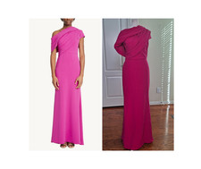 BADGLEY MISCHKA Draped Off Shoulder Gown 8 Pink Black Tie Wedding Guest Ballgown