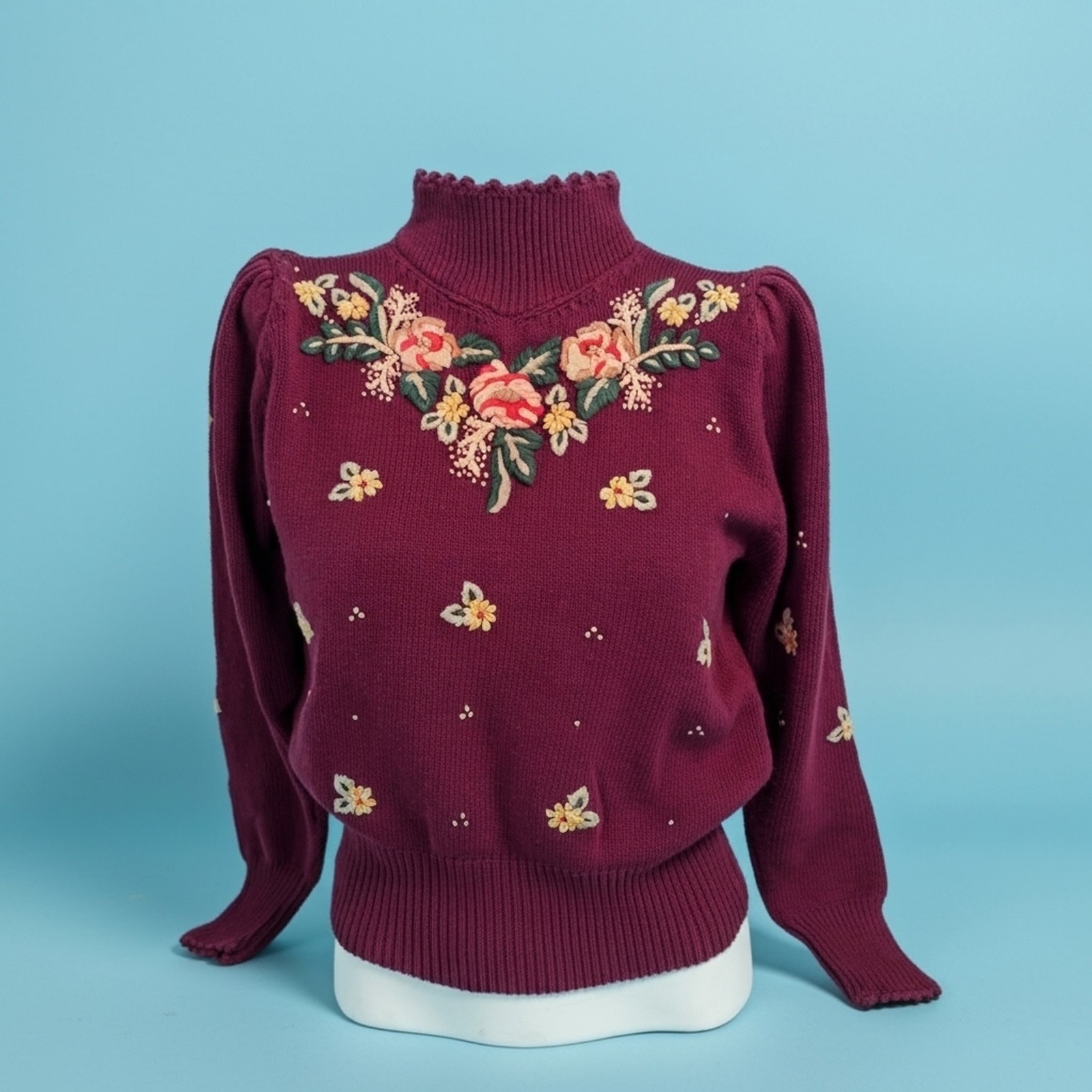 Vintage 90s Herman Geist Embroidered Sweater Linen Floral CottageCore Grandma