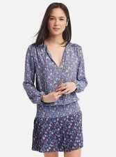 Gap Blue Floral Dress Smocked Waist Pleated Skirt Size M Long Sleeves