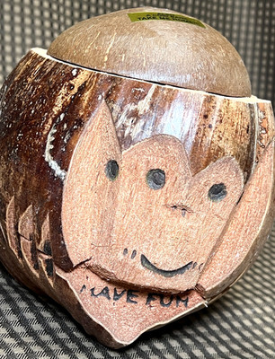 Handmade Carved Coconut Monkey Head Sculpture Tiki Bar Decor Coin Bank Folk Art