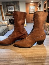 Antique 1910s Edwardian Womens Leather Lace Up French Heel Wingtip Boots Brogue