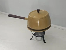 Vintage Fondue Pot Set Yellow Enamel 60/70s Metal Stand Burner and Temp Cover