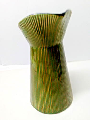 Vintage Colorado Bello Ceramic Green With Yellow Stripe Juice Pitcher 10" Tall - Picture 4 of 10