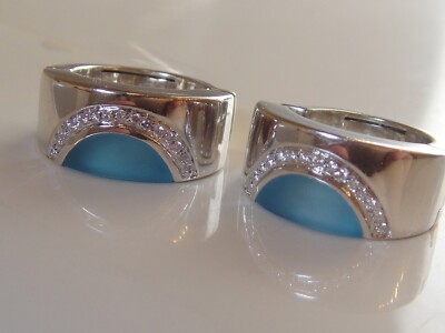 MOVADO 18K WHITE GOLD BLUE TOPAZ DIAMOND EARRINGS HOOPS