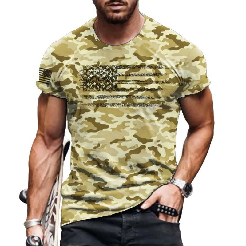 T-Shirt Men Yellow Brown Tactical Graphic Short Sleeve USA Flag Camo Casual Soft