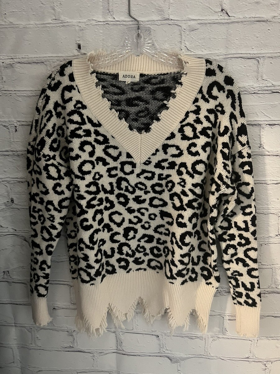 Adora Cream Black Thick Knit Oversized Sweater V-Neck Raw Hem EUC