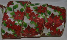 Wired Ribbon Christmas Red Poinsettia Holiday Gold Sparkle 2.5" Wreath Gift Bow