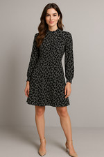 H&M Dress Womens S Black Fit n Flare Floral Mock Neck Floral Leafy Cottagecore