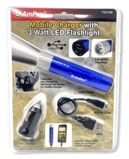 AmPro Blue Anodized Mini 3-Watt 120 Lumens LED Flashlight w/ Mobile Car Charger