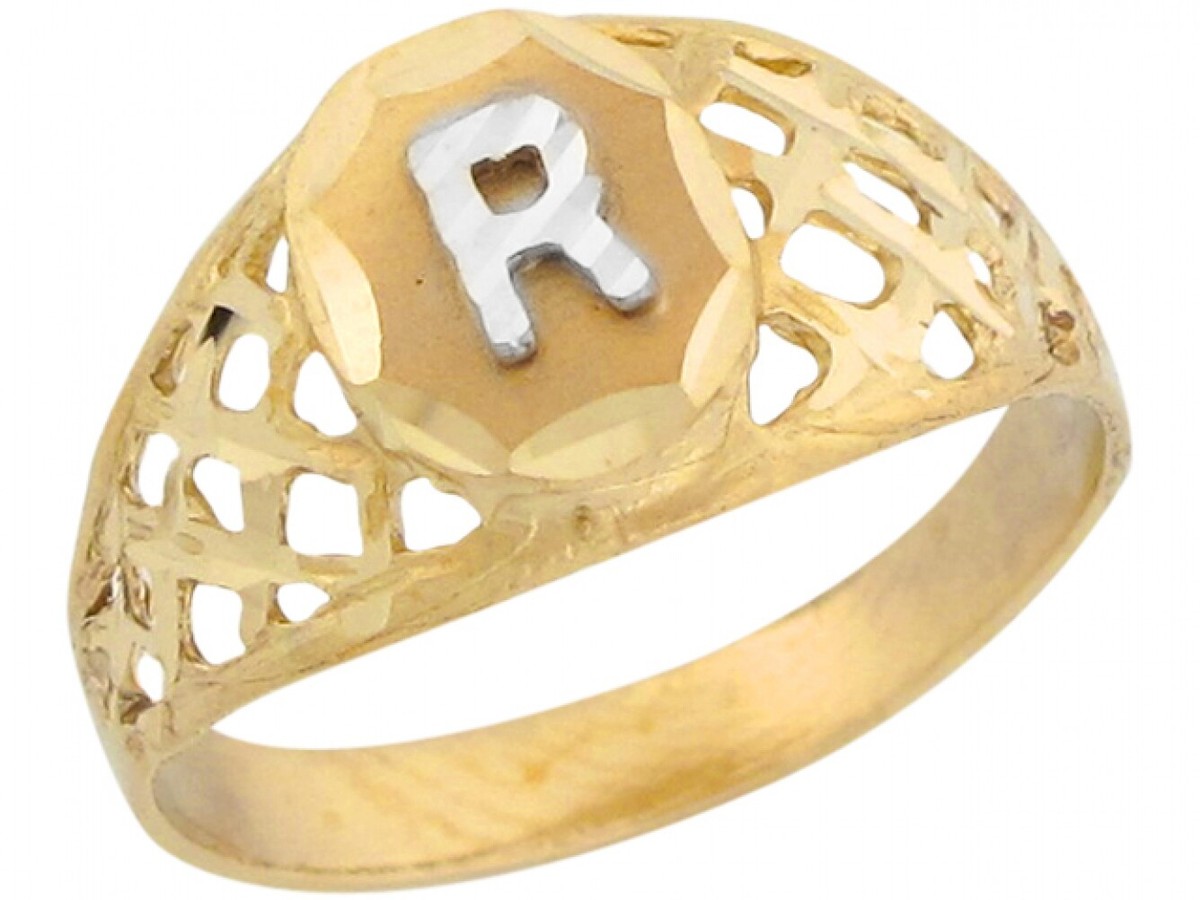 10k or 14k Two Tone Gold Diamond Cut Filigree Design Letter R Initial Ring